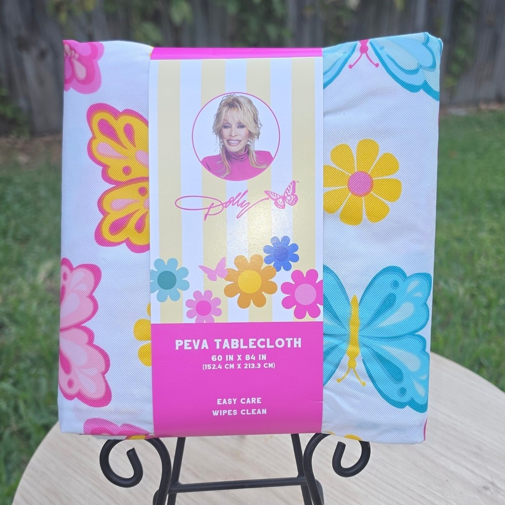Dolly Parton PEVA Tablecloth Butterfly Floral Pink Blue Yellow 60x84 New